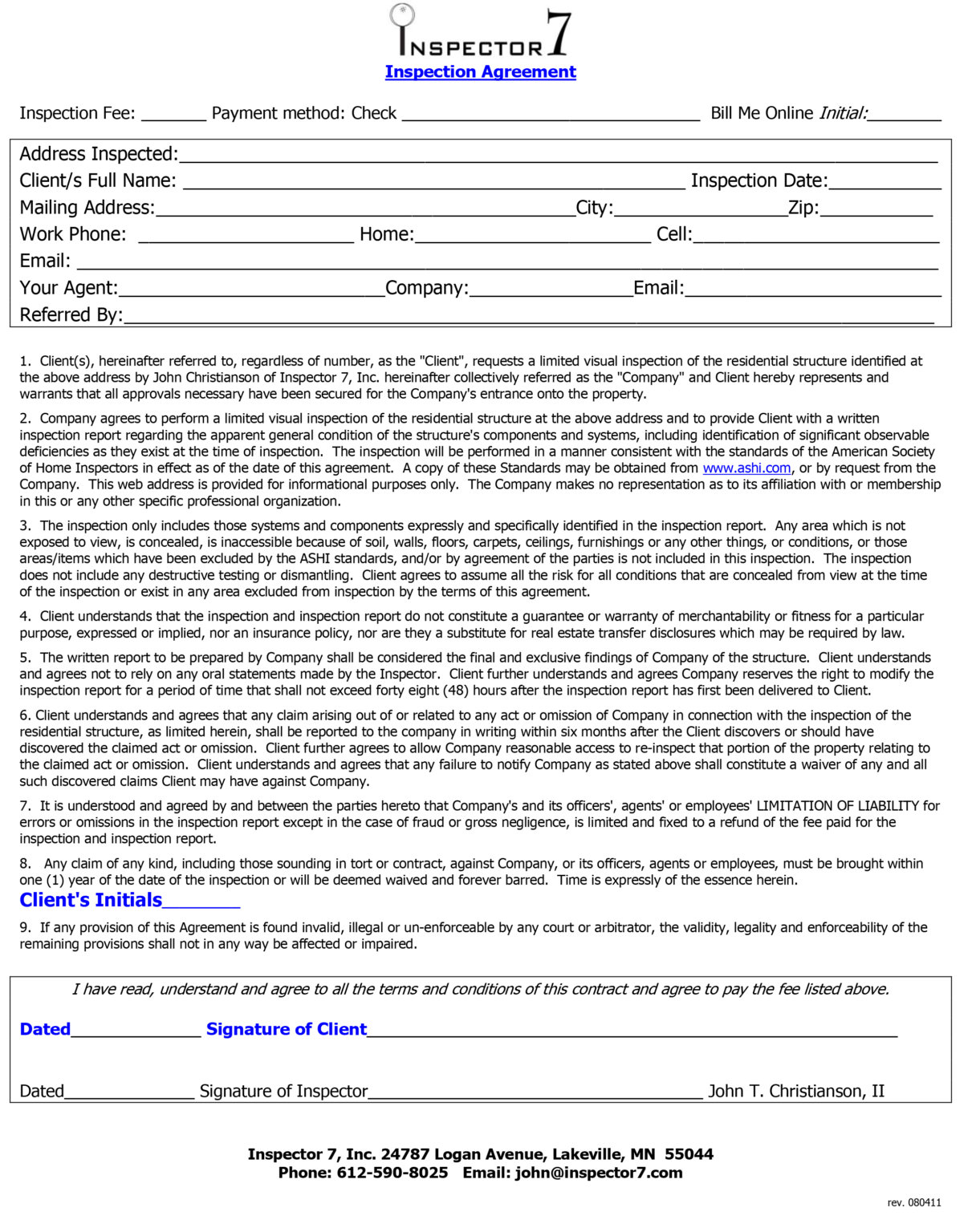 Pre Inspection Agreement Minneapolis MN | Inspector 7